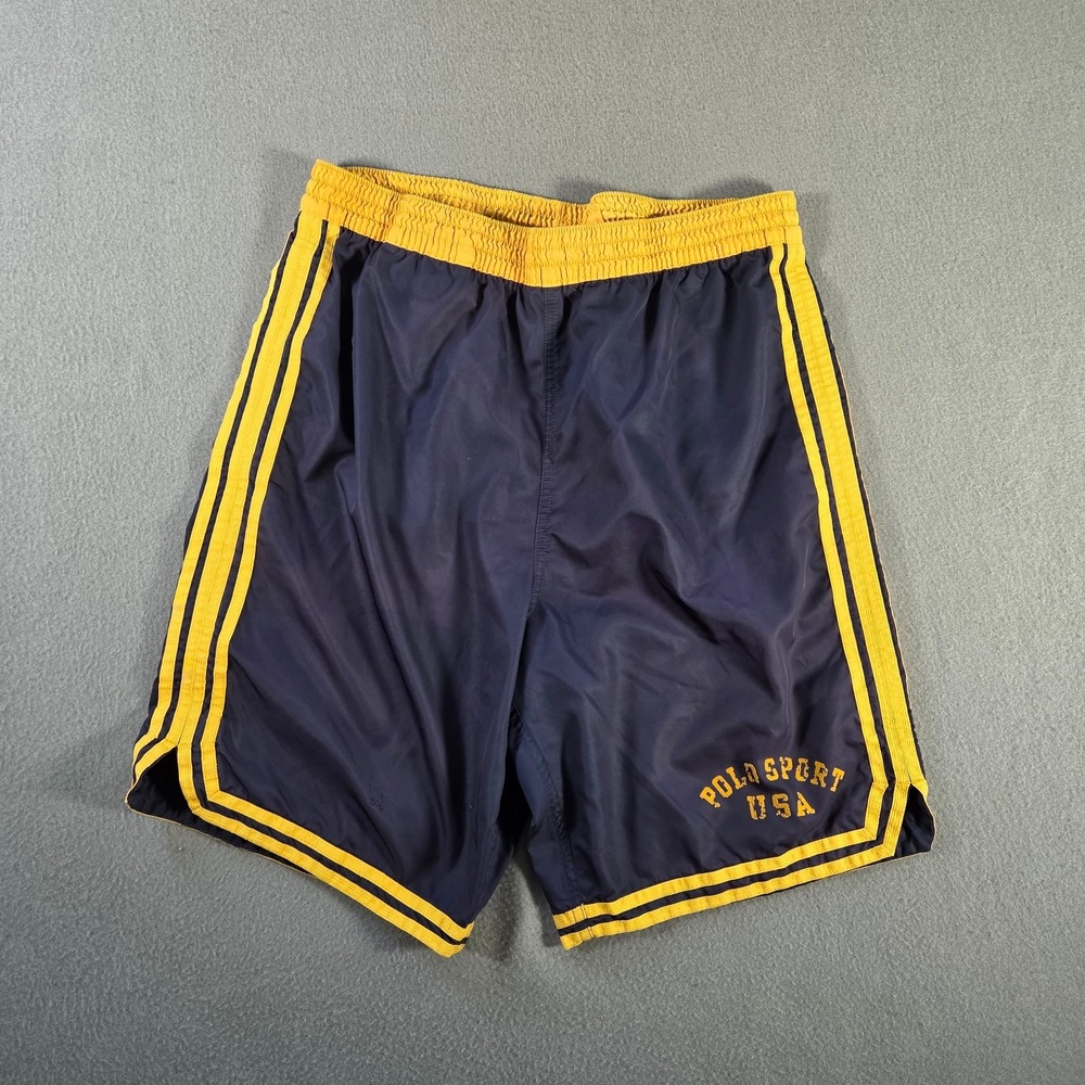 Vintage Polo Sport Shorts Men Medium Navy Yellow Striped Athletic Track Running